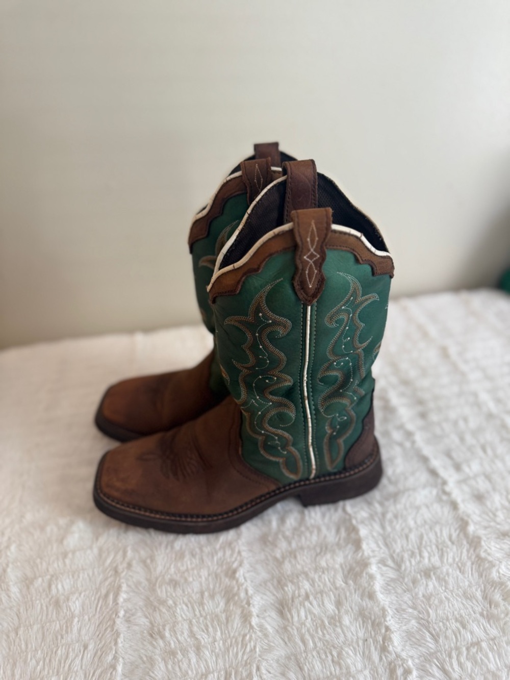 Justin Boots Brown Leather Foot with Green Stitched Shaft Cowboy Boots